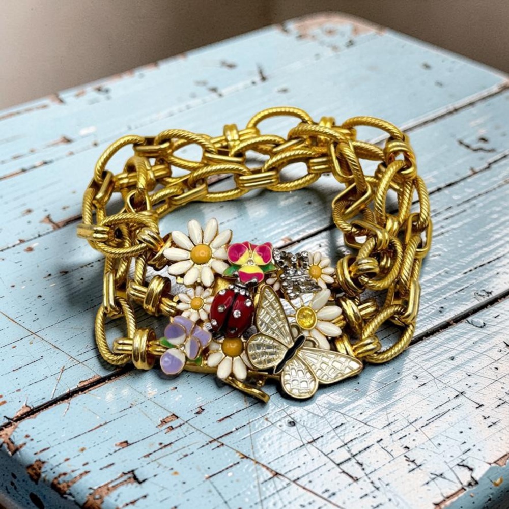 Vintage Juicy Couture Garden Party Gold Tone Bracelet ~Butterfly Ladybug Flower~